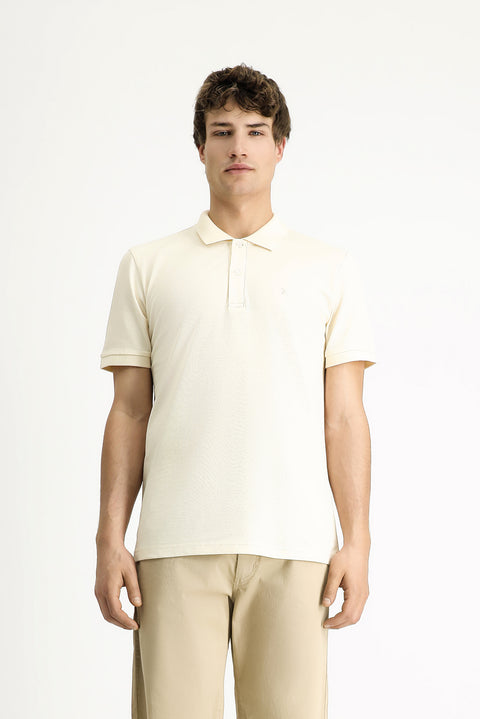 Cream Polo Collar Slim Fit Narrow Cut Embroidered Cotton T-shirt