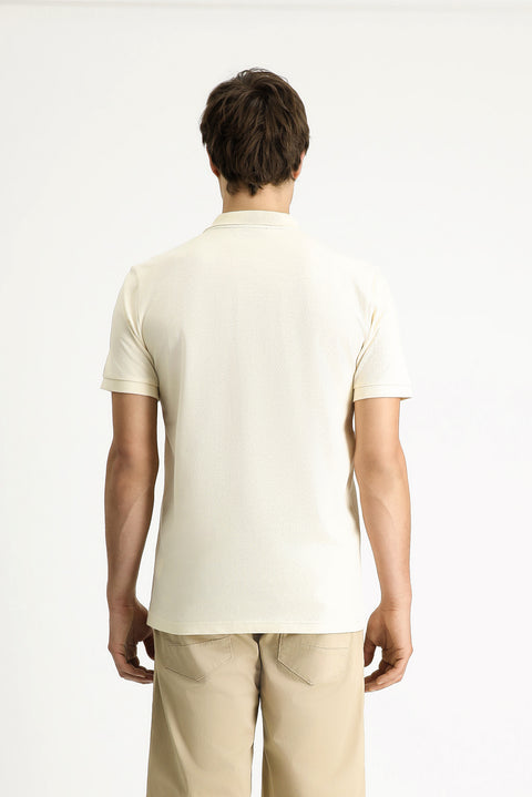 Cream Polo Collar Slim Fit Narrow Cut Embroidered Cotton T-shirt