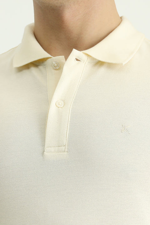 Cream Polo Collar Slim Fit Narrow Cut Embroidered Cotton T-shirt