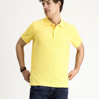 Light Yellow Polo Collar Slim Fit Embroidered Cotton T-Shirt