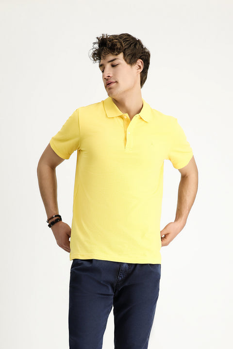Light Yellow Polo Collar Slim Fit Embroidered Cotton T-Shirt