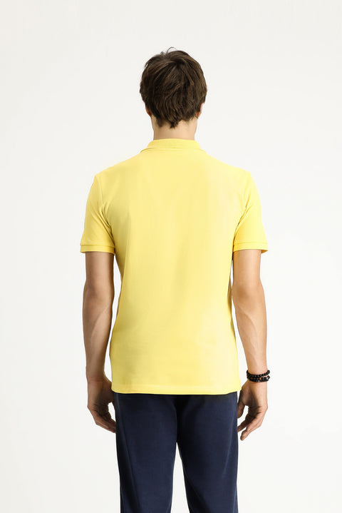 Light Yellow Polo Collar Slim Fit Embroidered Cotton T-Shirt