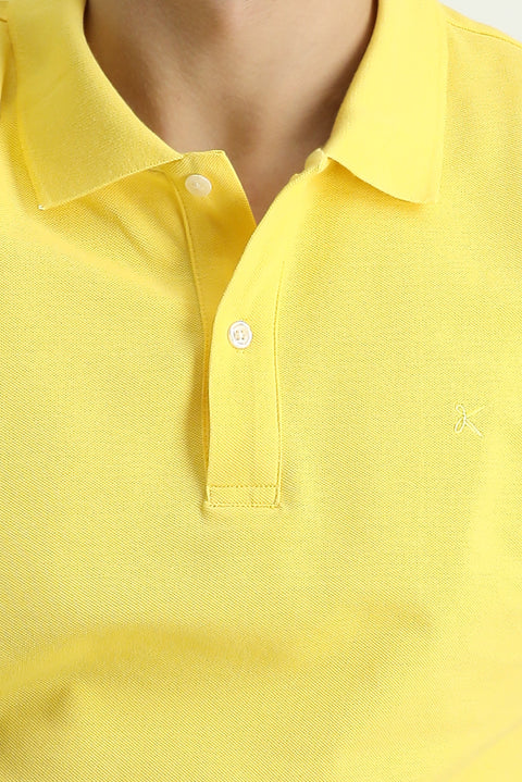 Light Yellow Polo Collar Slim Fit Embroidered Cotton T-Shirt