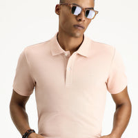 Dusty Pink Polo Collar Slim Fit Embroidered Cotton T-Shirt