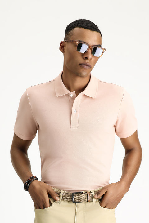Dusty Pink Polo Collar Slim Fit Embroidered Cotton T-Shirt