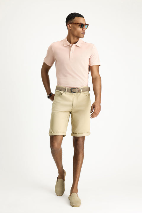 Dusty Pink Polo Collar Slim Fit Embroidered Cotton T-Shirt