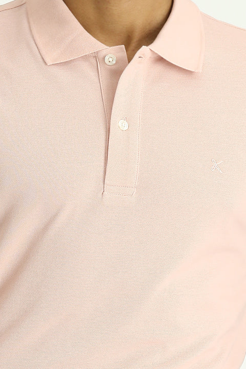 Dusty Pink Polo Collar Slim Fit Embroidered Cotton T-Shirt