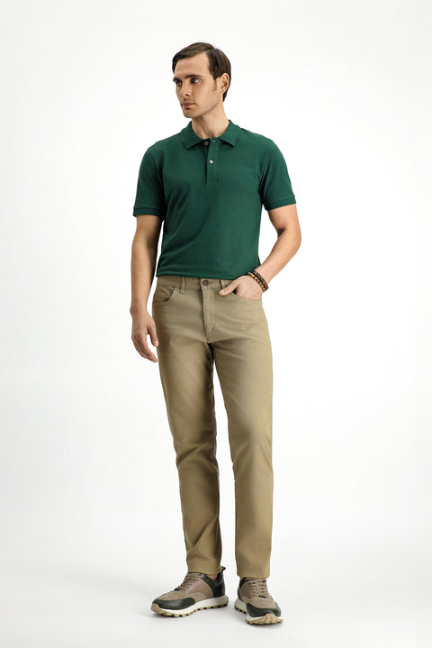 Dark Green Polo Collar Slim Fit Embroidered Cotton T-Shirt