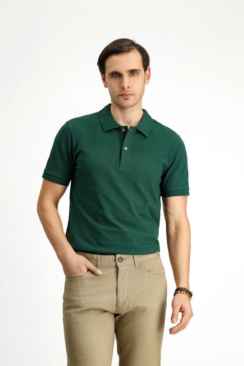 Dark Green Polo Collar Slim Fit Embroidered Cotton T-Shirt