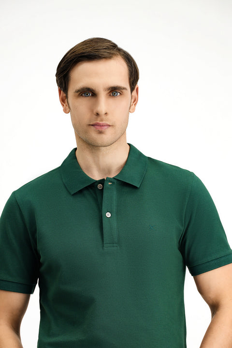 Dark Green Polo Collar Slim Fit Embroidered Cotton T-Shirt