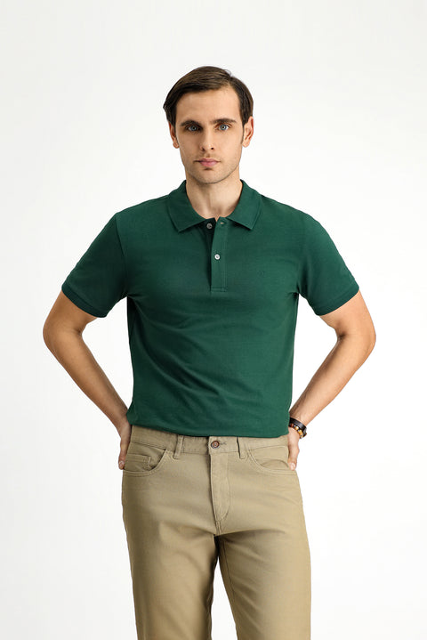Dark Green Polo Collar Slim Fit Embroidered Cotton T-Shirt