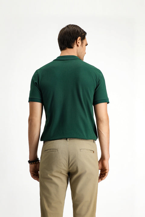 Dark Green Polo Collar Slim Fit Embroidered Cotton T-Shirt