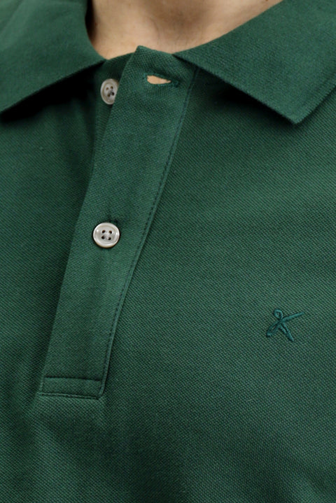 Dark Green Polo Collar Slim Fit Embroidered Cotton T-Shirt