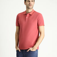 Light Red Polo Collar Slim Fit Embroidered Cotton T-Shirt