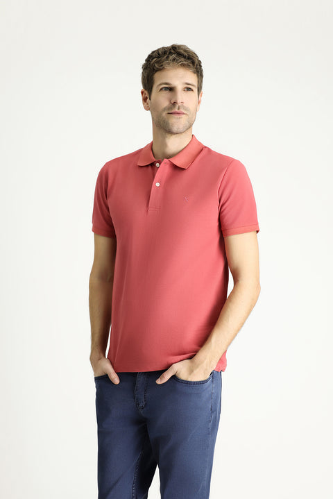Light Red Polo Collar Slim Fit Embroidered Cotton T-Shirt