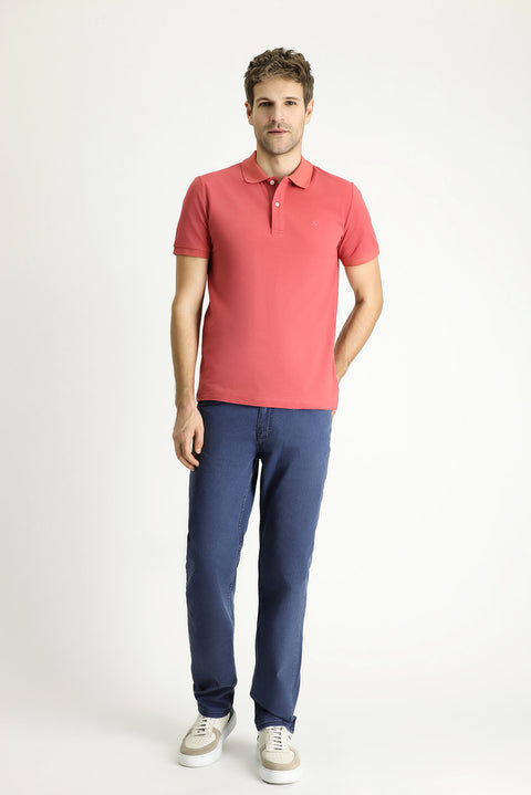 Light Red Polo Collar Slim Fit Embroidered Cotton T-Shirt