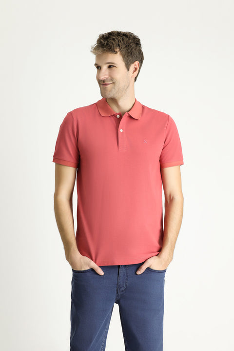 Light Red Polo Collar Slim Fit Embroidered Cotton T-Shirt