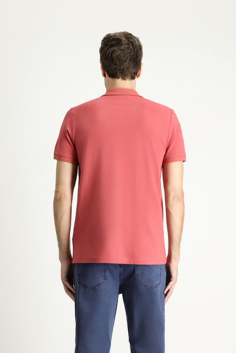 Light Red Polo Collar Slim Fit Embroidered Cotton T-Shirt