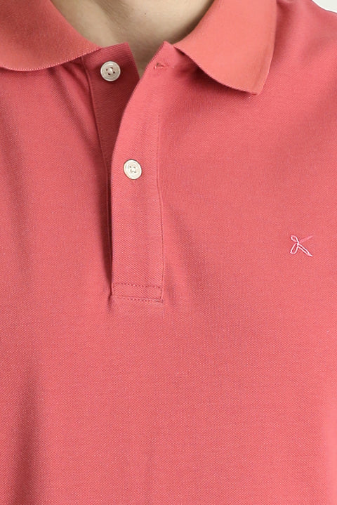 Light Red Polo Collar Slim Fit Embroidered Cotton T-Shirt